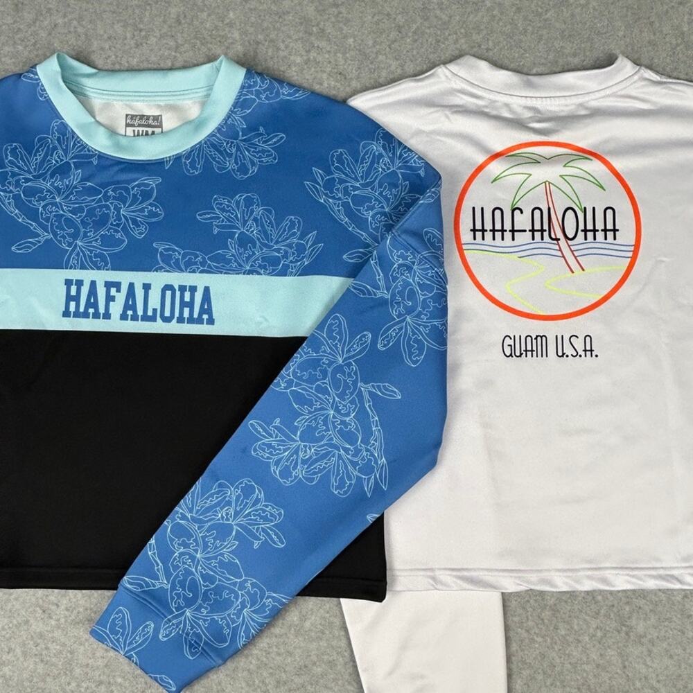 (2) Hafaloha Shirt Women M Long Sleeve Crop Plumeria Blue Black & Guam USA White
